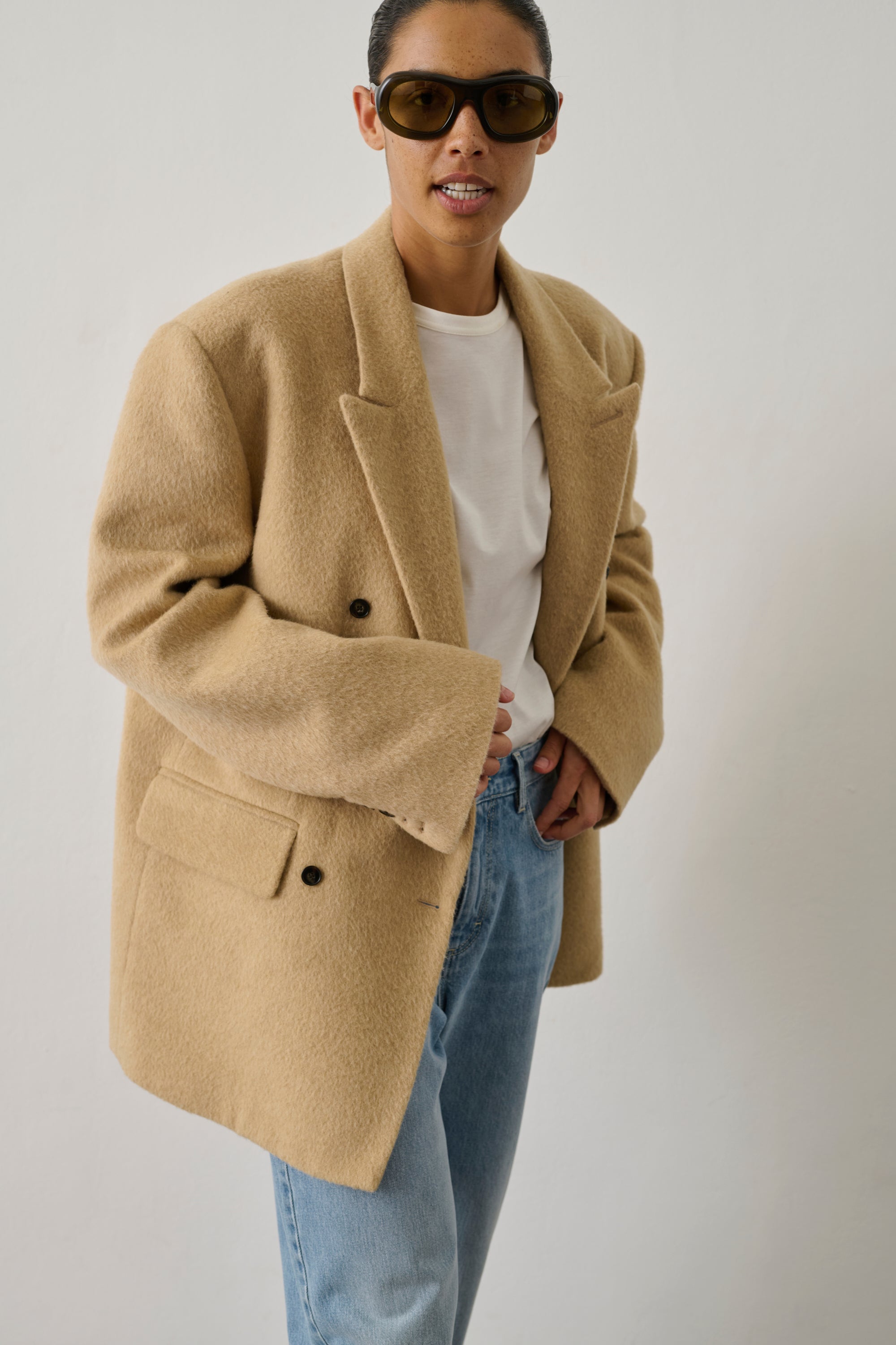 Helga Coat - Beige Brushed Wool Short Women's - Soeur