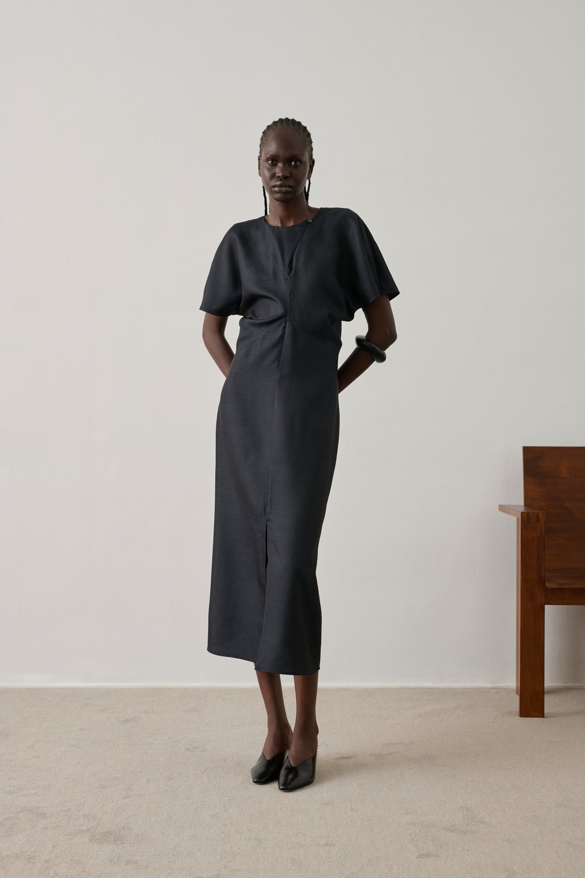 black silk fitted dress Black Satin Dress - Long Sleeve Midi Dress - Stretch Satin Dress