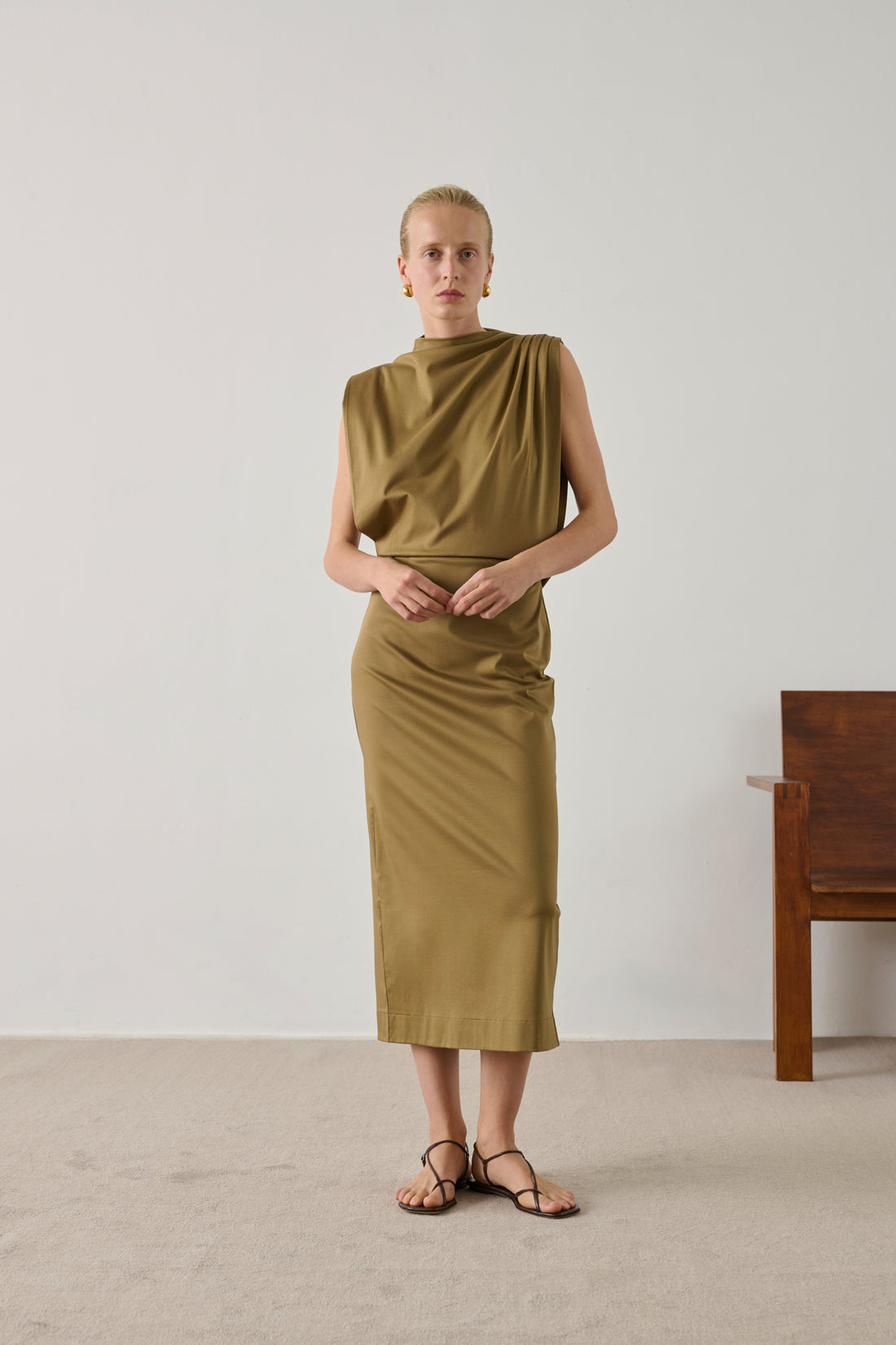 Dress Gemma - Beige Green Organic Mercerised Cotton