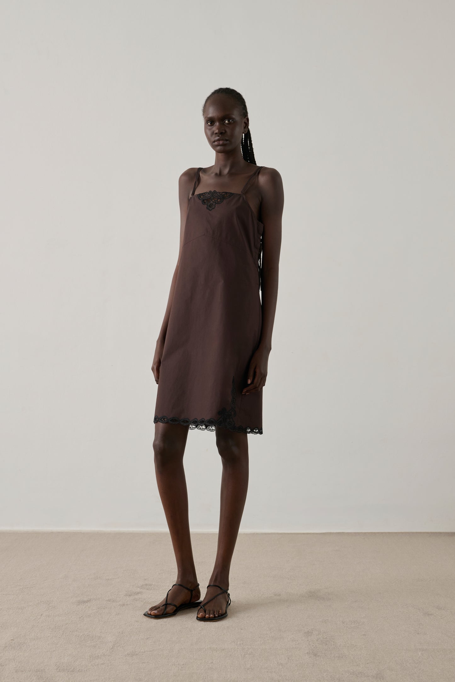 chocolate brown cotton dress Chocolate Cotton Midi Dress with Pockets, Long Sleeve Boatneck Tie Waist
